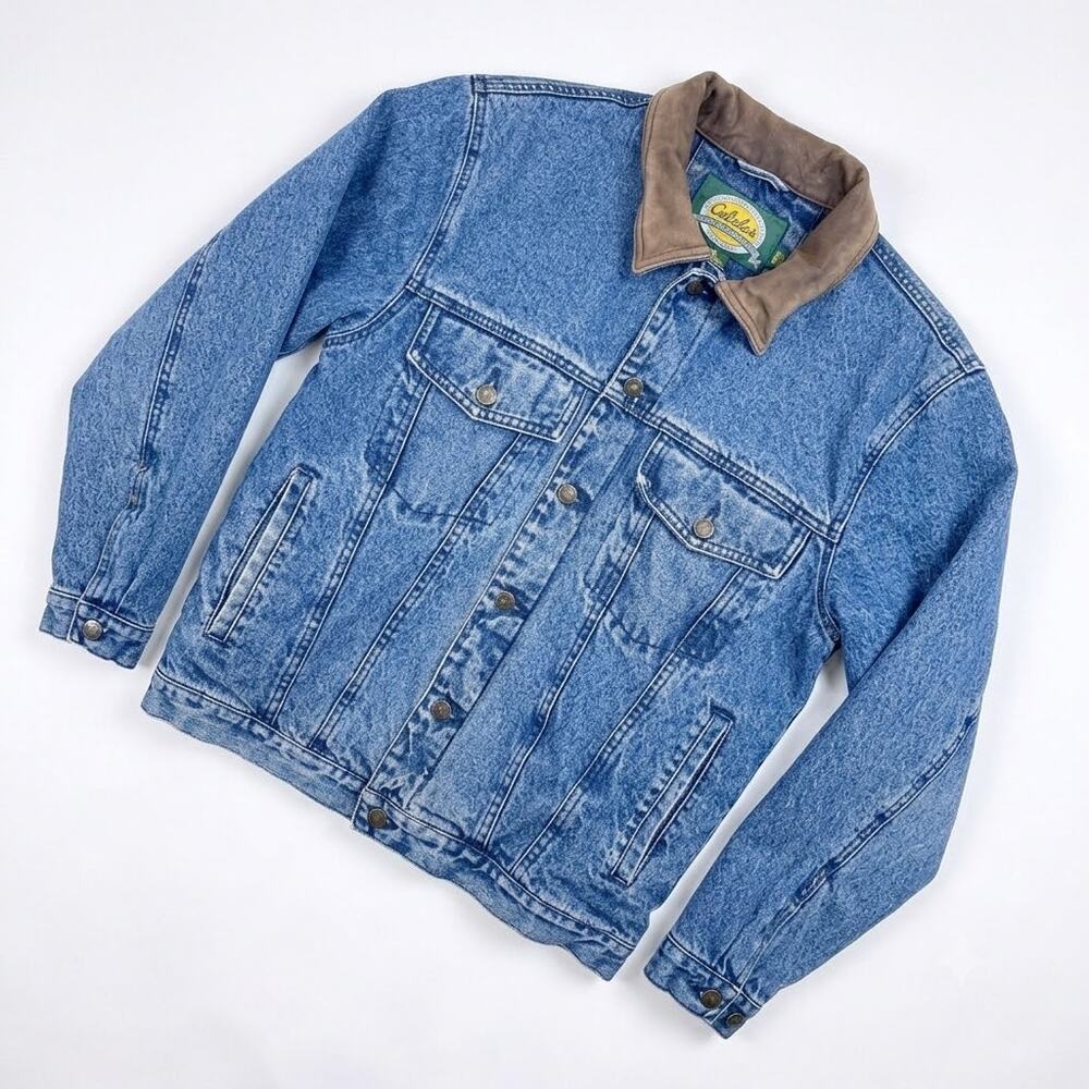 Cabelas Vintage Flannel Lined Jean Jacket Field Denim Leather Collar Mens Medium